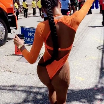 Long Sleeve Sexy Backless Bodysuit Orange See-through Mesh
